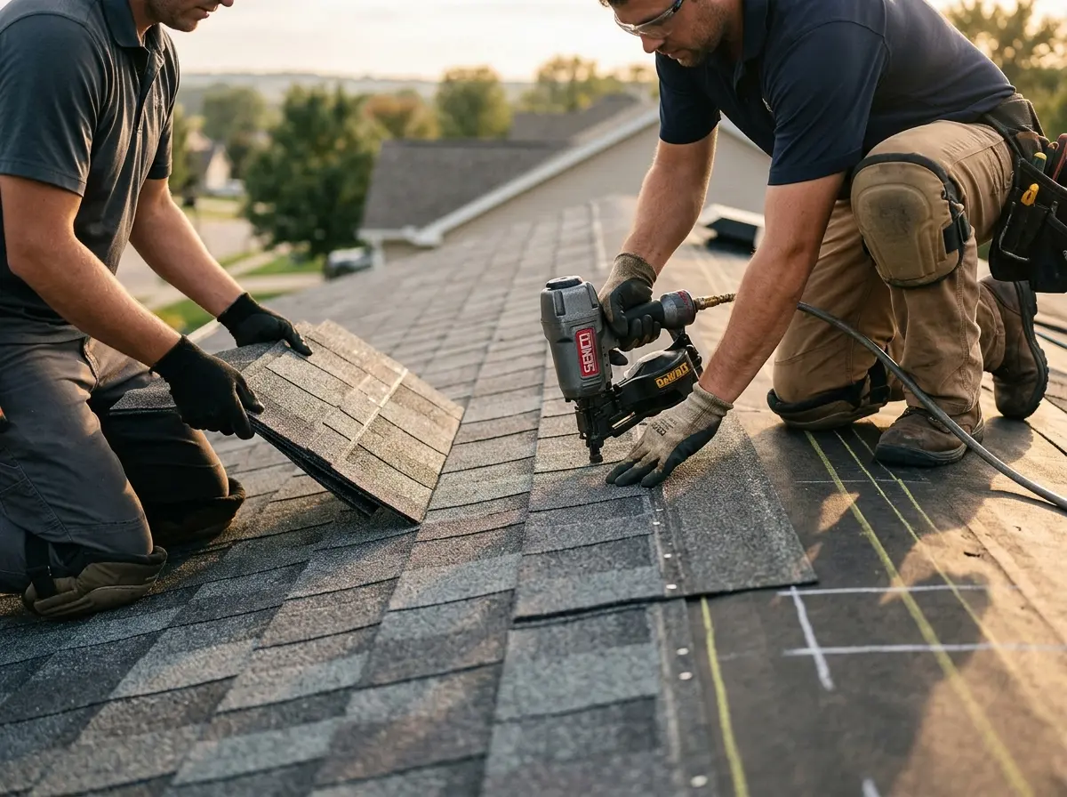 Professional roofer working on a residential roof in Florham Park